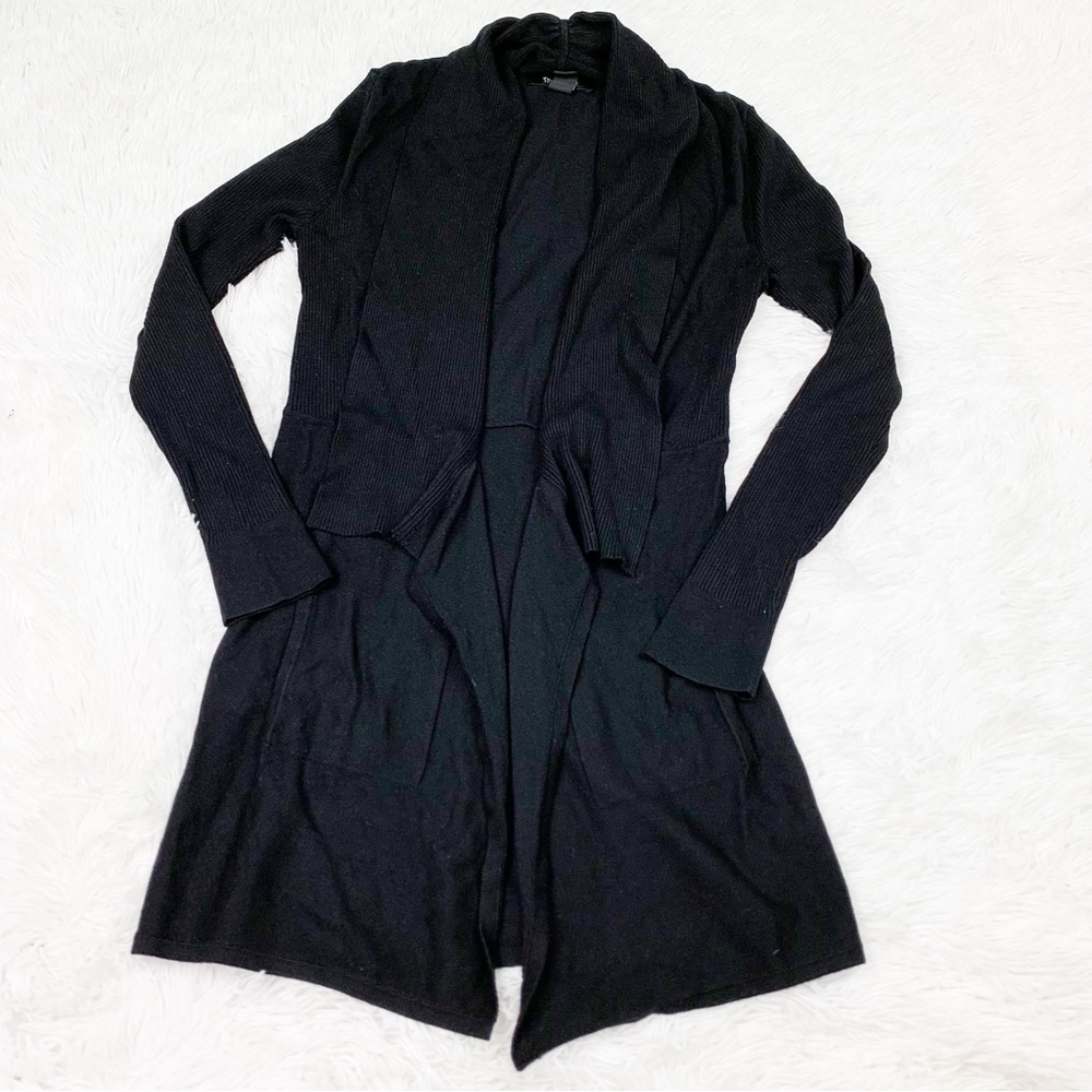 White House Black Market long sleeve open front cardigan mid length‎ in black